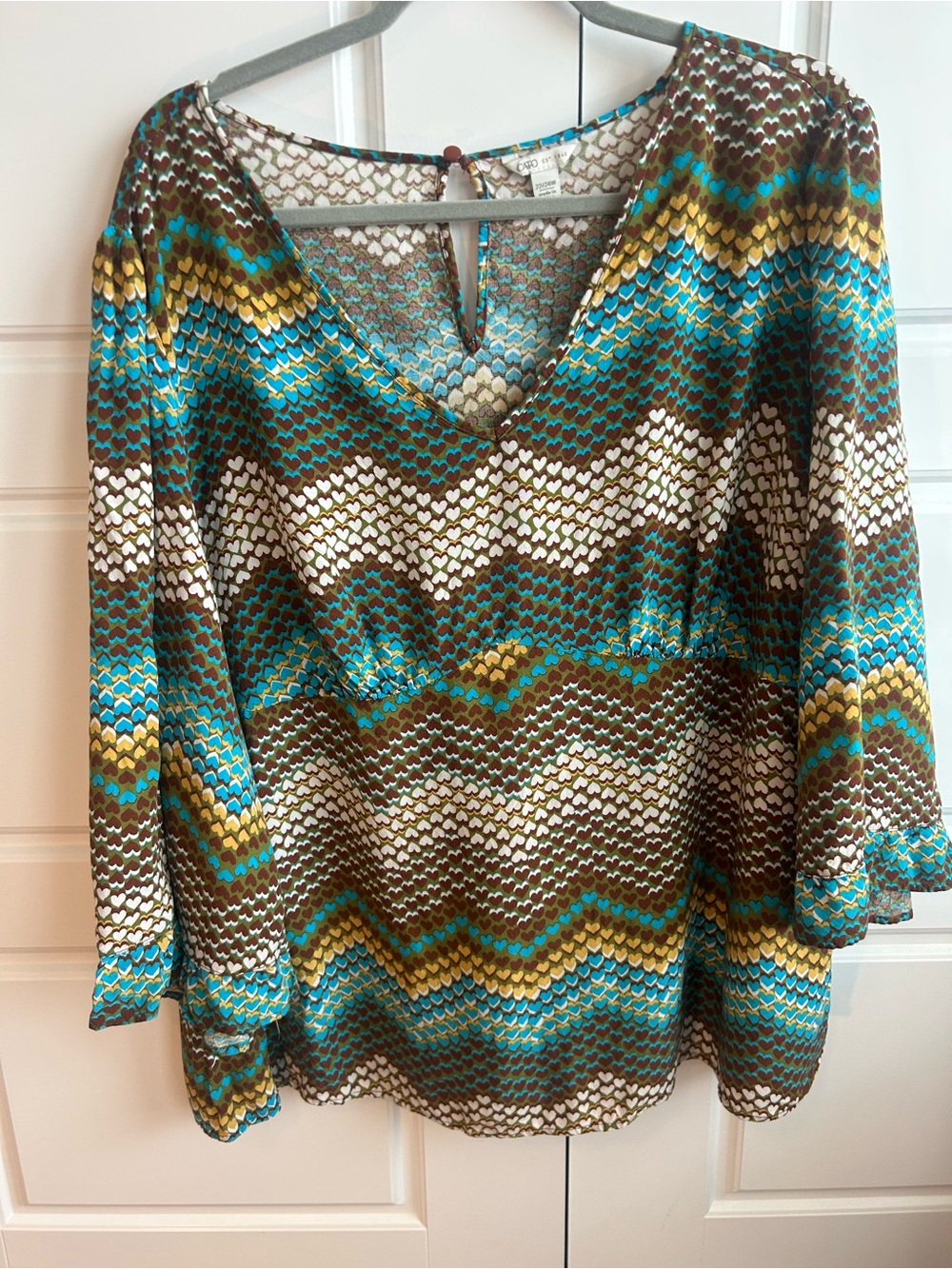 Cato V-Neck Chevron Heart Pattern Blouse - Teal, Brown & Cream with Empire Line